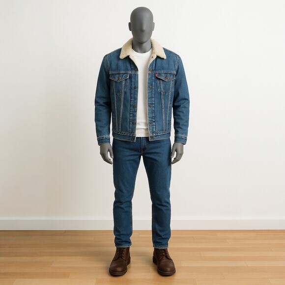 Levi’s Sherpa Trucker Jacket 70520 Denim Shearling Lined Classic Large - Picture 1 of 10